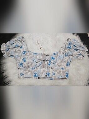 Cellecci Women's Blue Cropped Floral Puff Sleeve Tie Front Ribbed Back Top Small